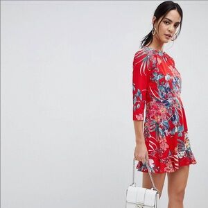 New Boohoo exclusive floral ruffle hem open back dress size 10